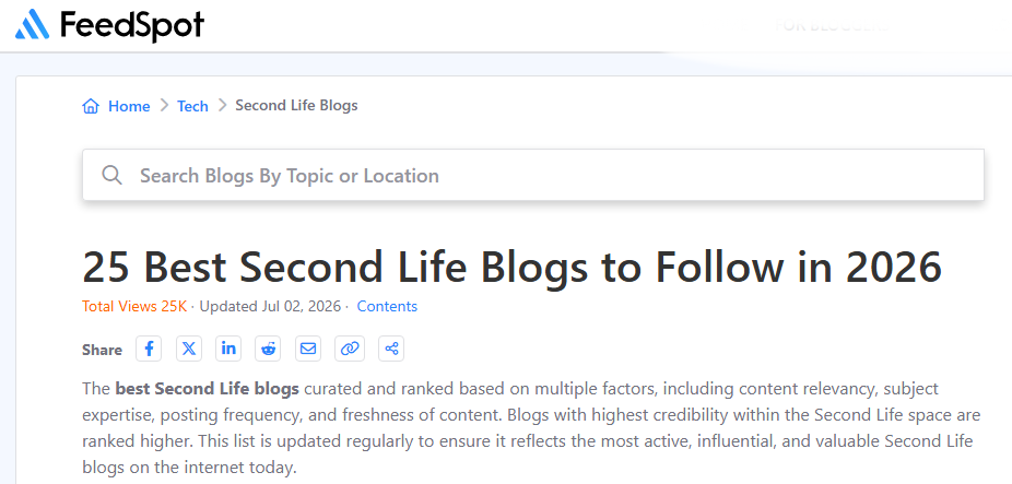 FeedSpot Names Top 25 SL Blogs for 2026